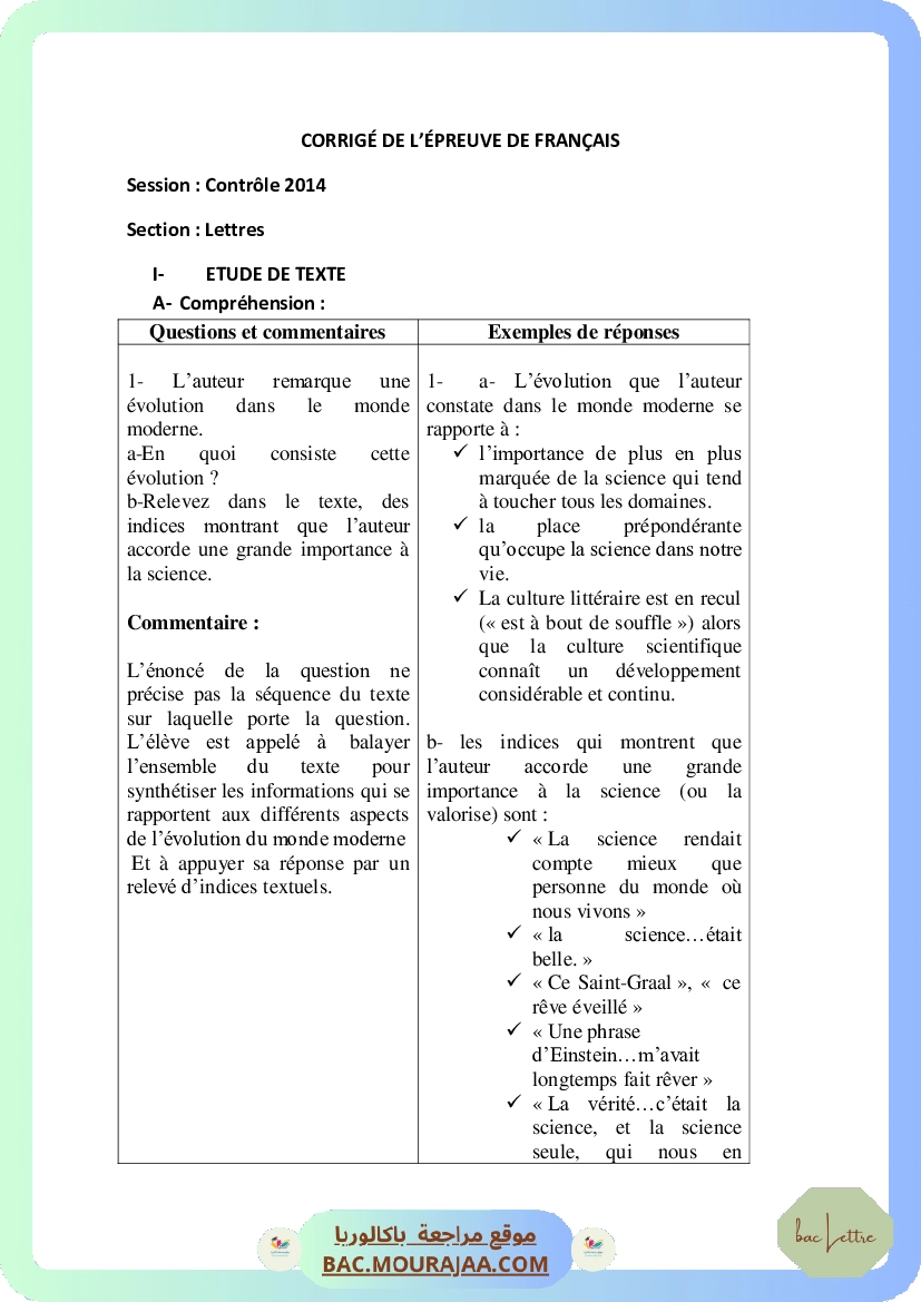 Corrigé controle francais Bac 2014 – Section lettre